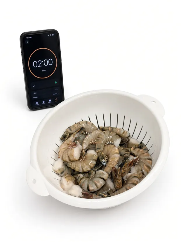 Het vergiet met garnalen lekt twee minuten uit, naast een timer op twee minuten.